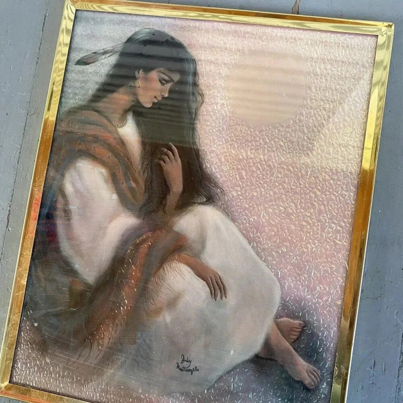 Rare VTG Judy Mastrangelo Foil Art Print Maiden & Moon Framed 8x10" Native Girl - Picture 8 of 10